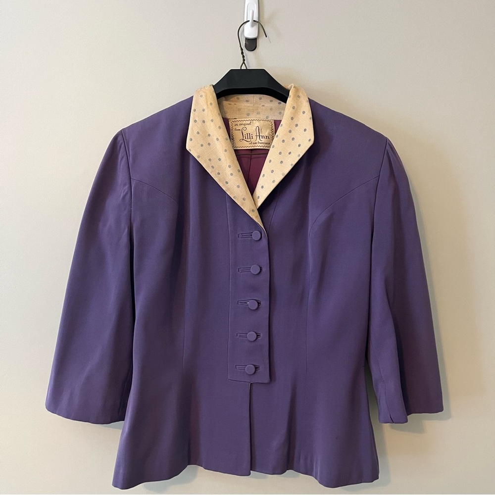 Vintage 1950s Lilli Ann Purple Gabardine Polka Dot Designer Suit Jacket